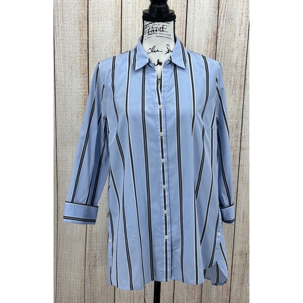 J. Jill Blue Striped Button Front Tunic Shirt Medium Cotton Blend 3/4 Sleeves